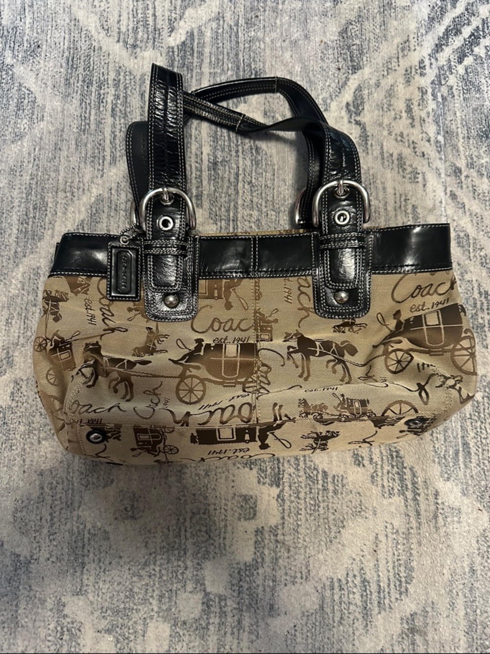 Coach Tan Signature Canvas Tote with Black Leather Trim